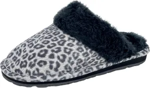 Clarks Womens Open Back Suede Leather Comfort Clog Slipper JMS0583C - Plush Faux Fur Trim - Indoor Outdoor House Slippers For Women (9 M US, Black/Grey Leopard)