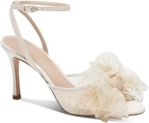 Coutgo Womens Bow Tie Heels Sandals Slingback Peep Toe Wedding Heels Mesh High Stiletto Heel Summer Cute Wedding Bridal Shoes