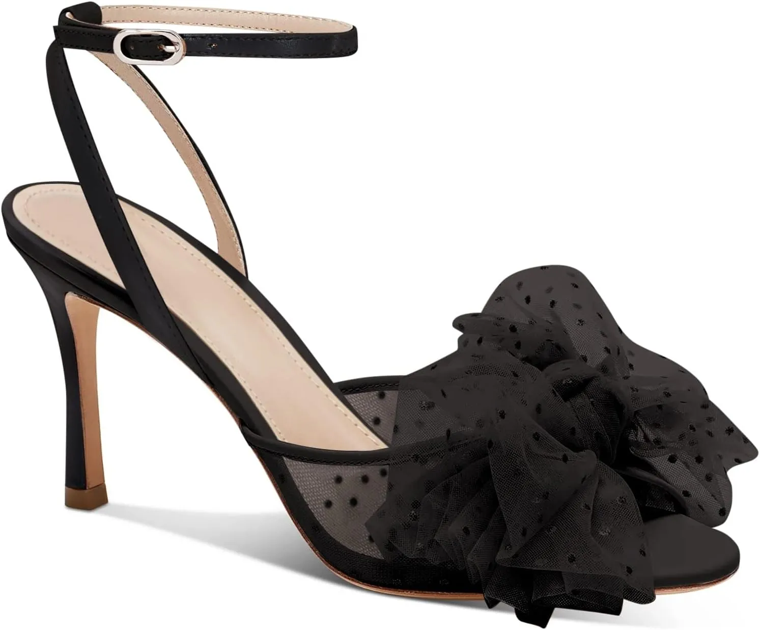 Coutgo Womens Bow Tie Heels Sandals Slingback Peep Toe Wedding Heels Mesh High Stiletto Heel Summer Cute Wedding Bridal Shoes