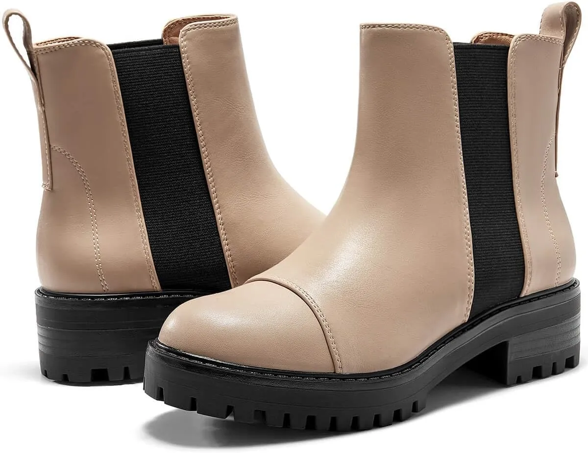 Coutgo Womens Chelsea Ankle Boots Lug Sole Low Stacked Heel Booties Winter Platform Shoes
