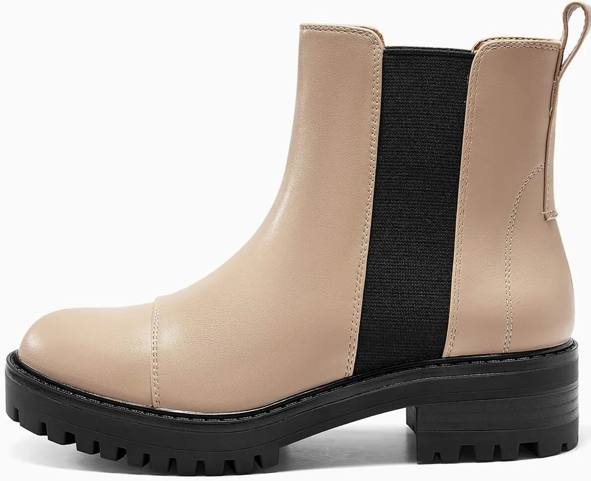 Coutgo Womens Chelsea Ankle Boots Lug Sole Low Stacked Heel Booties Winter Platform Shoes