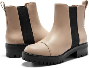 Coutgo Womens Chelsea Ankle Boots Lug Sole Low Stacked Heel Booties Winter Platform Shoes