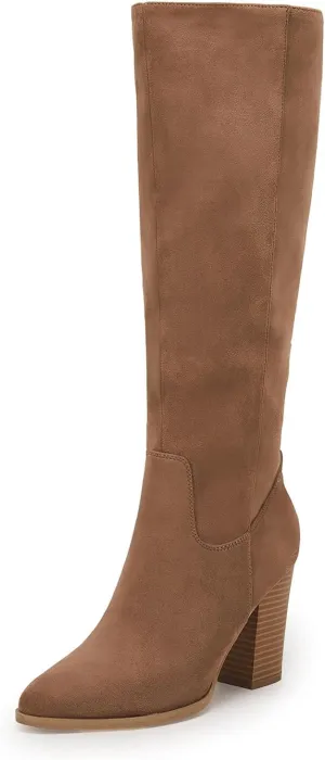 Coutgo Womens Faux Suede Knee High Boots Side Zipper Chunky Heel Stretch Winter Boots