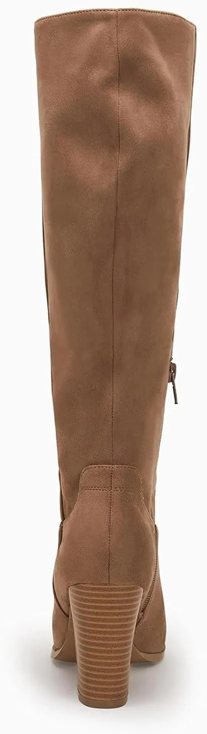 Coutgo Womens Faux Suede Knee High Boots Side Zipper Chunky Heel Stretch Winter Boots