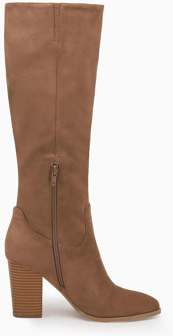 Coutgo Womens Faux Suede Knee High Boots Side Zipper Chunky Heel Stretch Winter Boots