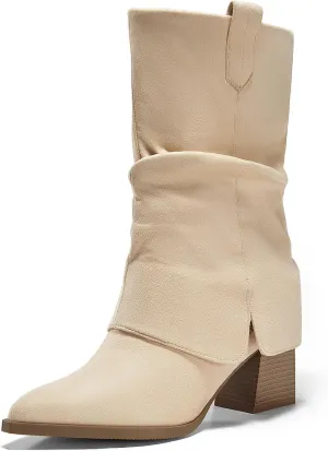 Coutgo Womens Fold Over Mid Calf Boots Slouchy Pointed Toe Chunky Heel Boots Pull On Winter Western Boot Shoes