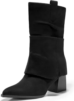 Coutgo Womens Fold Over Mid Calf Boots Slouchy Pointed Toe Chunky Heel Boots Pull On Winter Western Boot Shoes