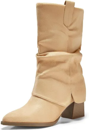 Coutgo Womens Fold Over Mid Calf Boots Slouchy Pointed Toe Chunky Heel Boots Pull On Winter Western Boot Shoes