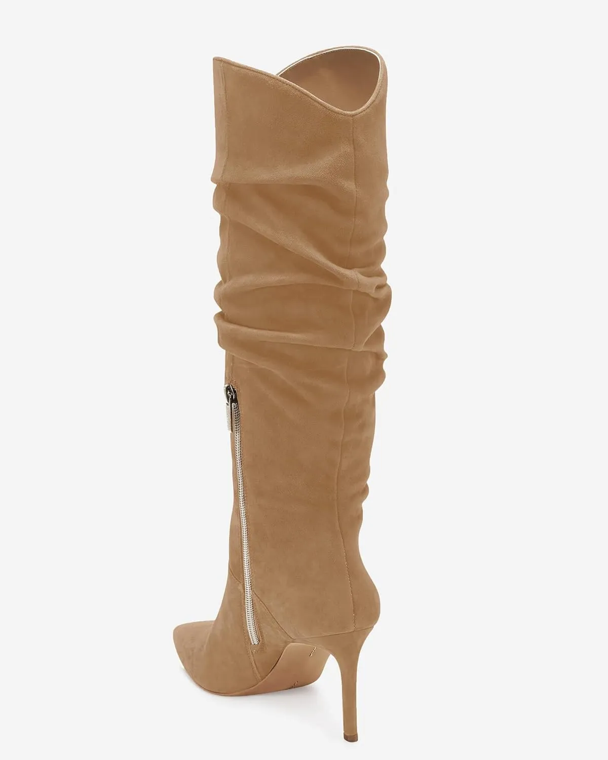 Coutgo Womens Knee High Boots Faux Suede Almond Toe Stiletto High Heel Slouchy Side Zipper Booties