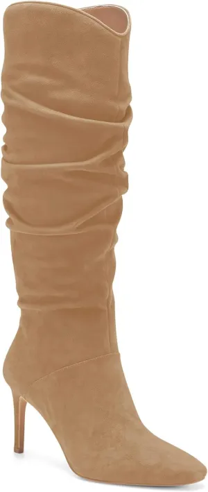 Coutgo Womens Knee High Boots Faux Suede Almond Toe Stiletto High Heel Slouchy Side Zipper Booties