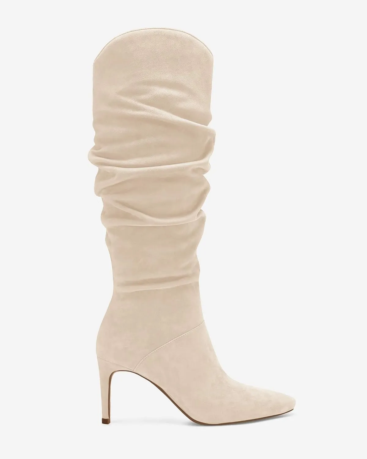 Coutgo Womens Knee High Boots Faux Suede Almond Toe Stiletto High Heel Slouchy Side Zipper Booties
