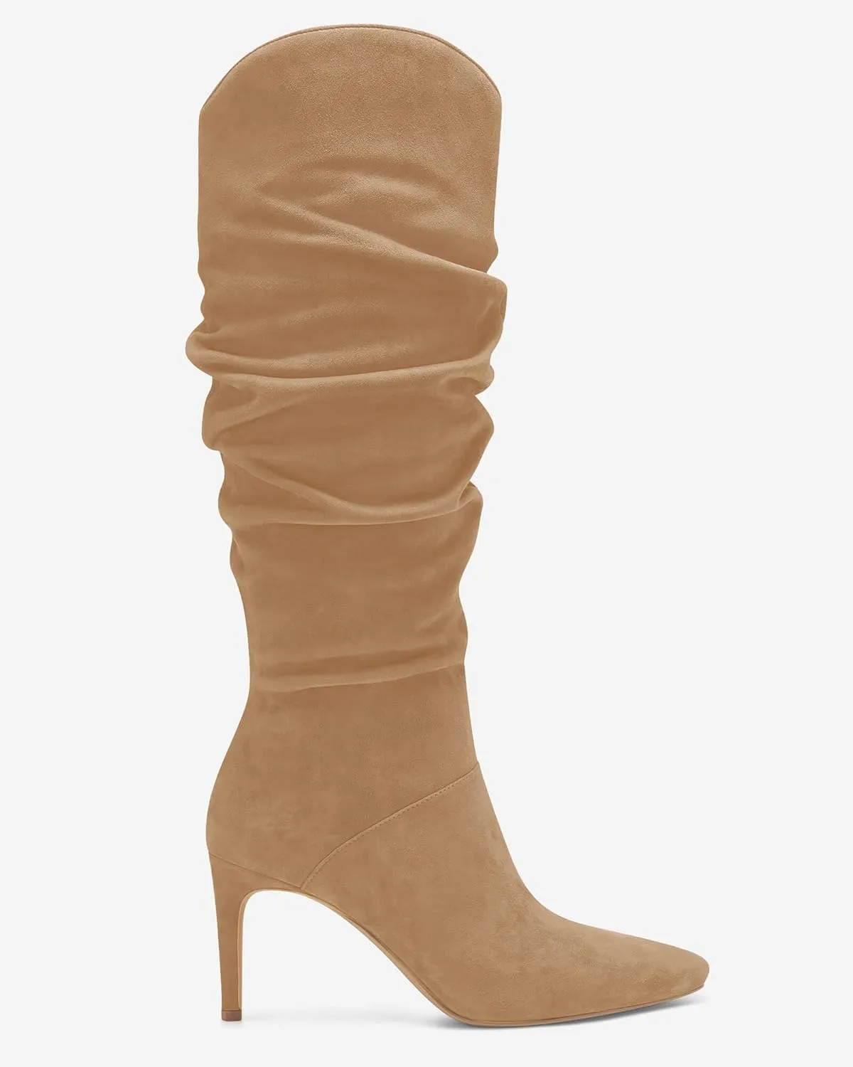 Coutgo Womens Knee High Boots Faux Suede Almond Toe Stiletto High Heel Slouchy Side Zipper Booties