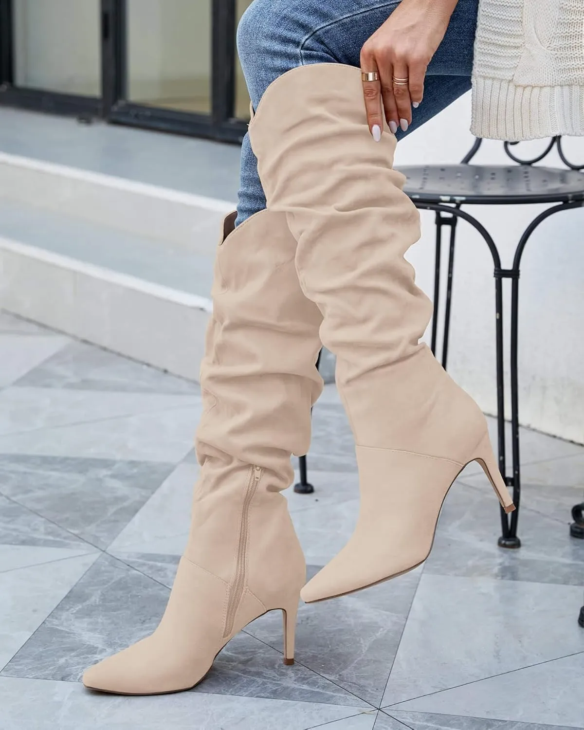 Coutgo Womens Knee High Boots Faux Suede Almond Toe Stiletto High Heel Slouchy Side Zipper Booties