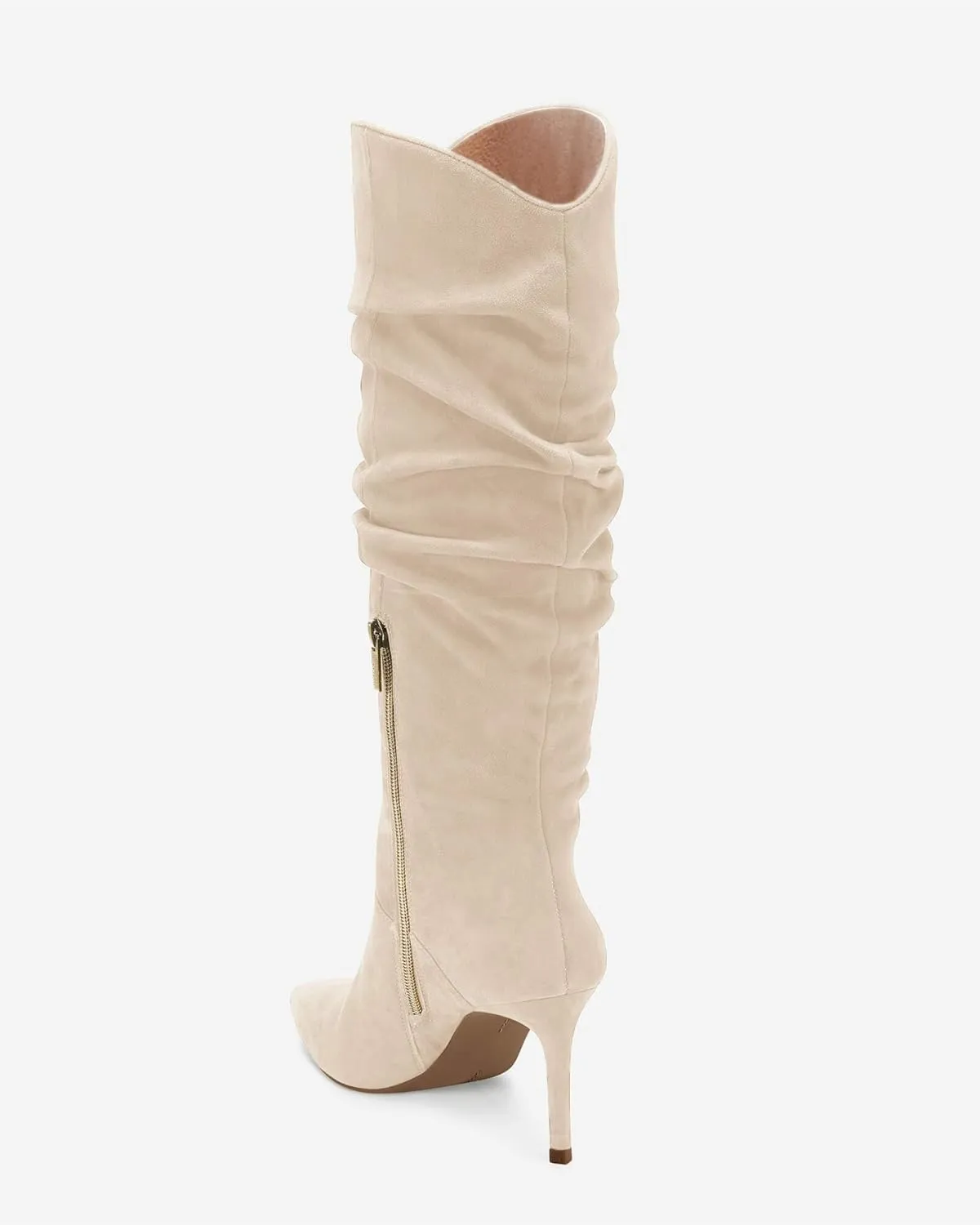 Coutgo Womens Knee High Boots Faux Suede Almond Toe Stiletto High Heel Slouchy Side Zipper Booties