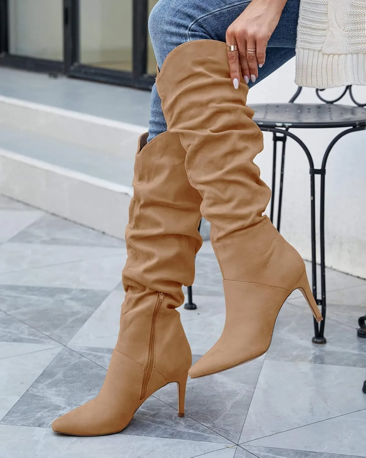 Coutgo Womens Knee High Boots Faux Suede Almond Toe Stiletto High Heel Slouchy Side Zipper Booties
