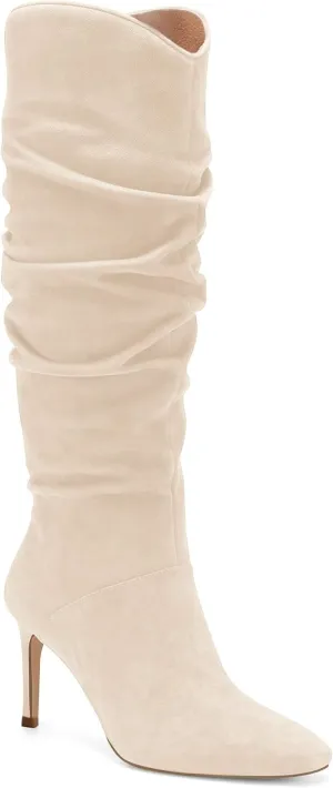 Coutgo Womens Knee High Boots Faux Suede Almond Toe Stiletto High Heel Slouchy Side Zipper Booties