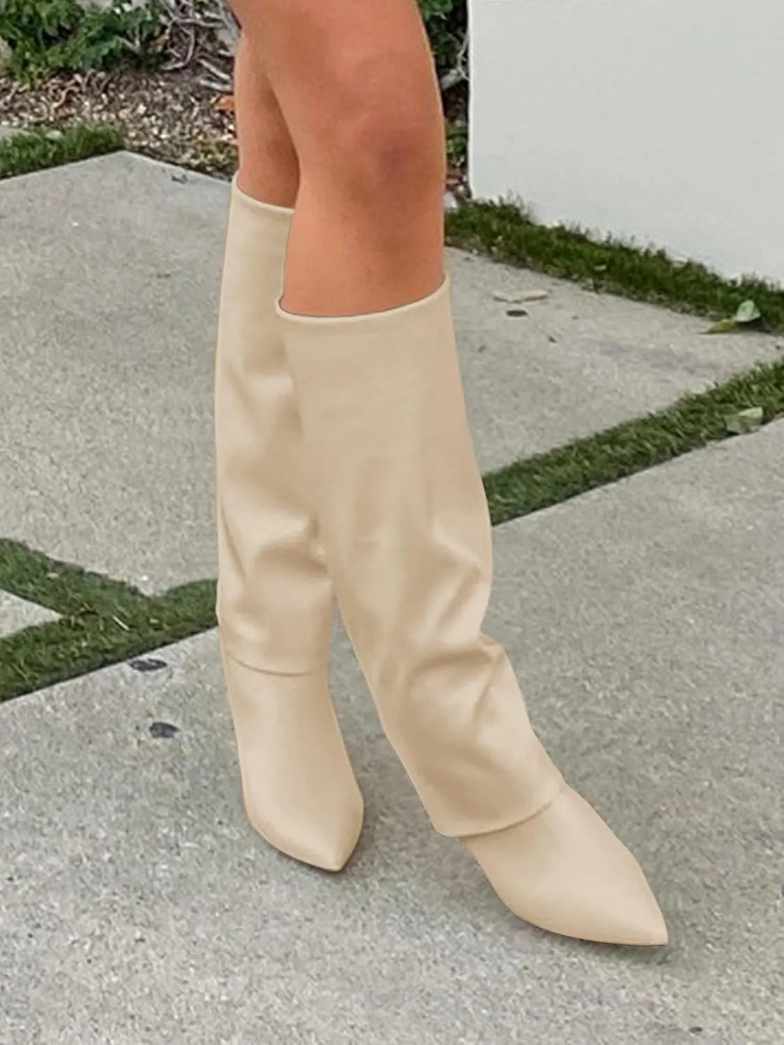 Coutgo Womens Knee High Boots Fold Over Pointed Toe Stiletto High Heel Boot Sexy Winter Tall Boots
