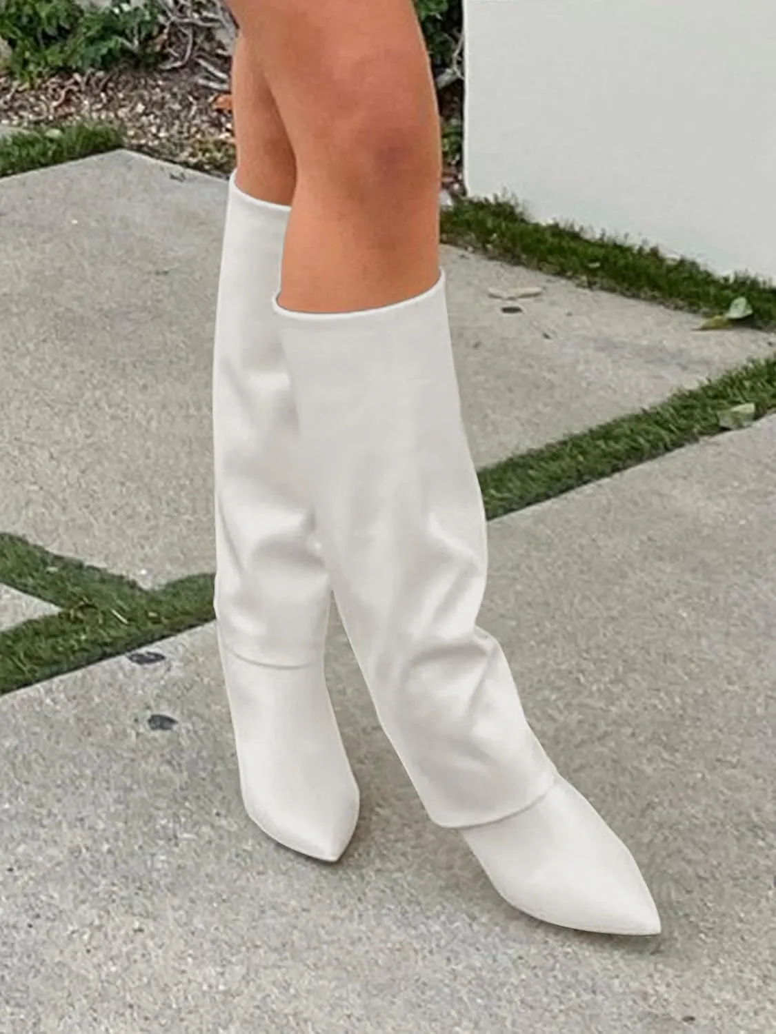 Coutgo Womens Knee High Boots Fold Over Pointed Toe Stiletto High Heel Boot Sexy Winter Tall Boots