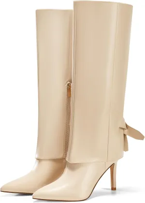 Coutgo Womens Knee High Boots Fold Over Pointed Toe Stiletto High Heel Boot Sexy Winter Tall Boots