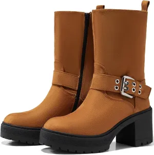 Coutgo Women’s Mid Calf Boots Platform Chunky Heel Booties Buckle Zipper Winter Motorcycle Boot Shoes