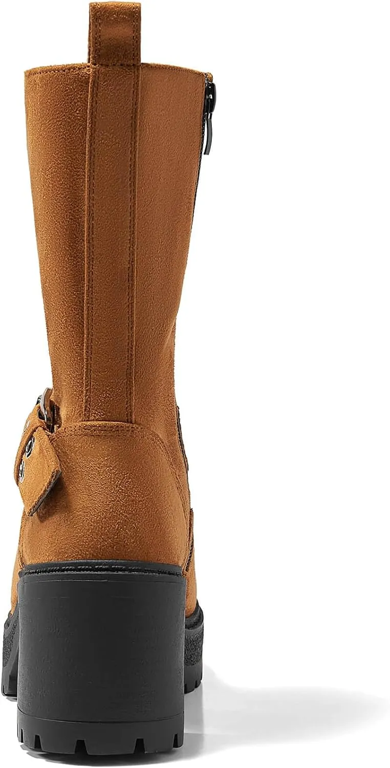 Coutgo Women’s Mid Calf Boots Platform Chunky Heel Booties Buckle Zipper Winter Motorcycle Boot Shoes