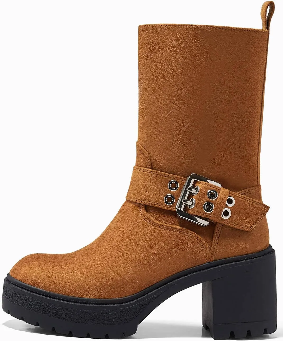 Coutgo Women’s Mid Calf Boots Platform Chunky Heel Booties Buckle Zipper Winter Motorcycle Boot Shoes