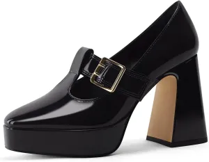 Coutgo Womens Platform Mary Jane Pumps T Strap Chunky High Heels Buckle Business Casual Dress Shoes