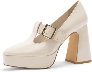 Coutgo Womens Platform Mary Jane Pumps T Strap Chunky High Heels Buckle Business Casual Dress Shoes