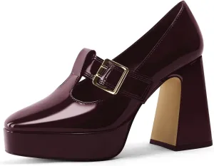 Coutgo Womens Platform Mary Jane Pumps T Strap Chunky High Heels Buckle Business Casual Dress Shoes