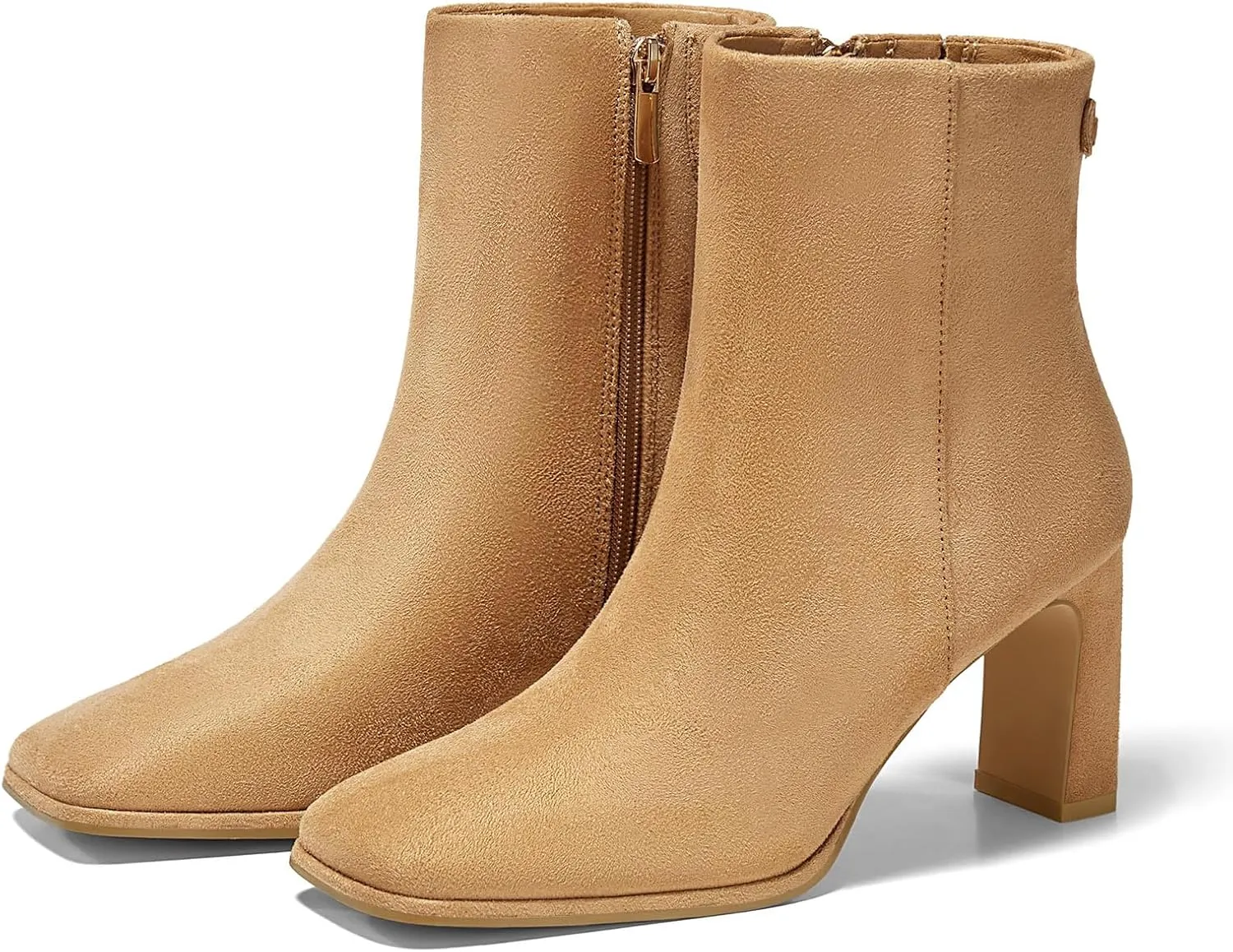 Coutgo Women's Square Toe Ankle Boots Chunky Block Heel Side Zipper Booties Faux Suede Winter Shoes