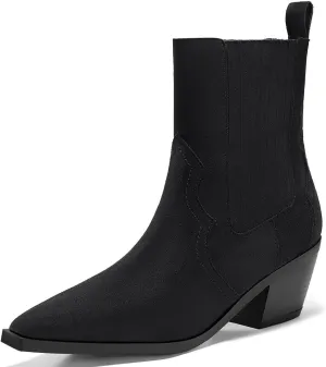Coutgo Womens Western Pointed Toe Ankle Booties Chunky Stacked Heel Chelsea Boots Cowboy Elastic Winter Boots