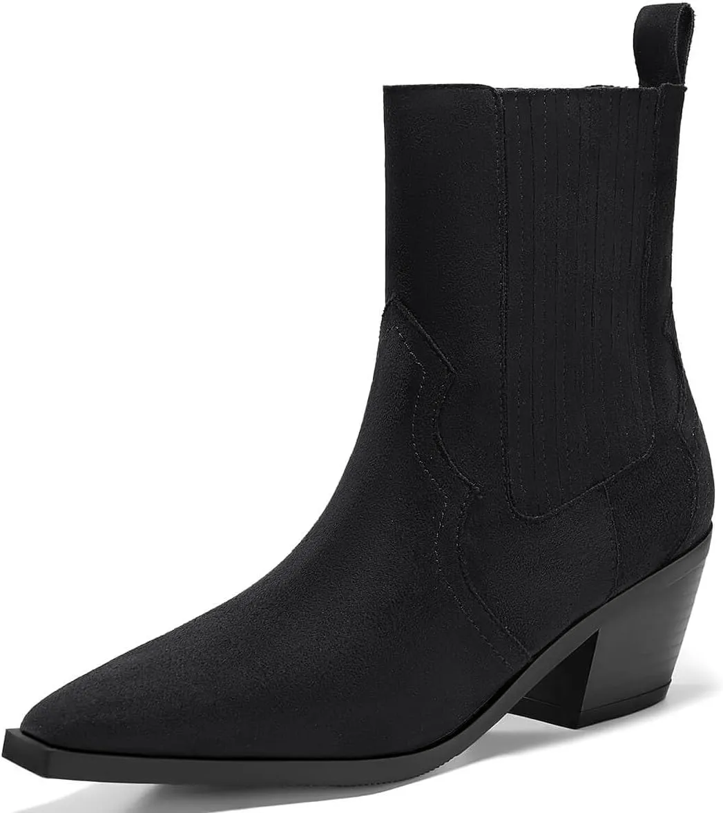 Coutgo Womens Western Pointed Toe Ankle Booties Chunky Stacked Heel Chelsea Boots Cowboy Elastic Winter Boots