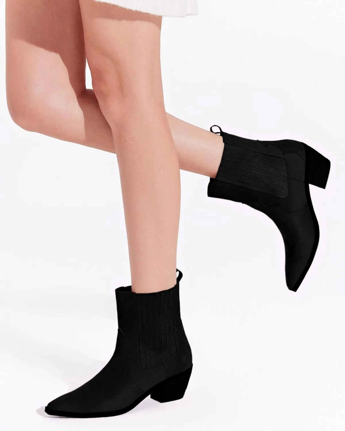 Coutgo Womens Western Pointed Toe Ankle Booties Chunky Stacked Heel Chelsea Boots Cowboy Elastic Winter Boots