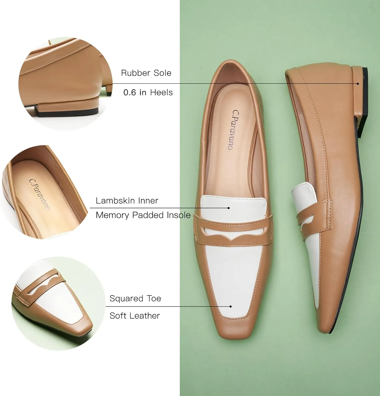 C.Paravano Penny Loafers for Women Formal Dress Square Toe Flats Slip on Loafer Shoes Comfort Loafer for Business Casual Wear