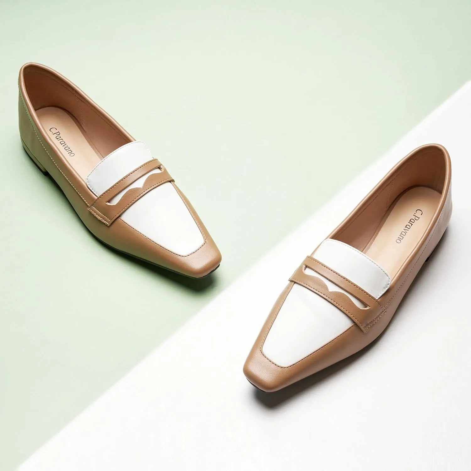 C.Paravano Penny Loafers for Women Formal Dress Square Toe Flats Slip on Loafer Shoes Comfort Loafer for Business Casual Wear