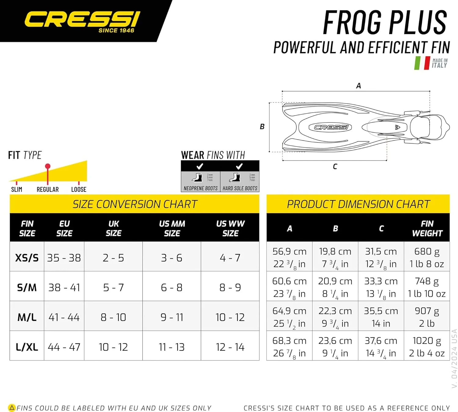 Cressi Adult Powerful Efficient Open Heel Scuba Diving Fins | Frog Plus: made in Italy