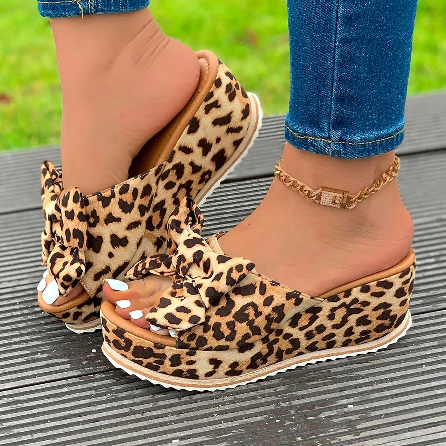 Cute Slippers for Women Summer High Heeled Bow-Knot Platform Wedge Flip-Flops Trendy Espadrilles Wedge Sandals Vacation Comfy Slip On Cork Foot Shoes