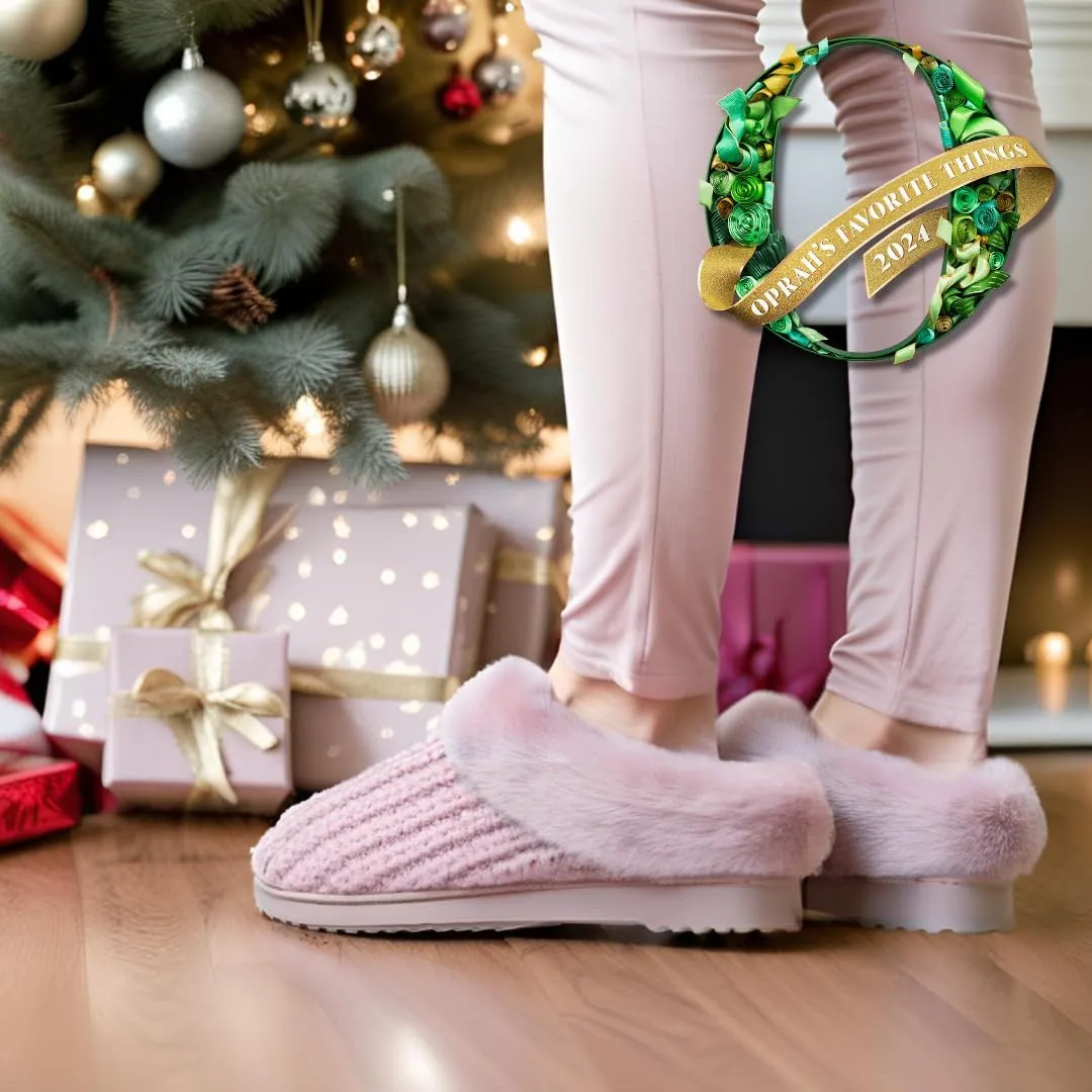 Dearfoams Gifts for Women, Mom, Sister, Wife - Fuzzy Fluffy Memory Foam Slipper - Hannah Knit Clog House Shoe House Slipper