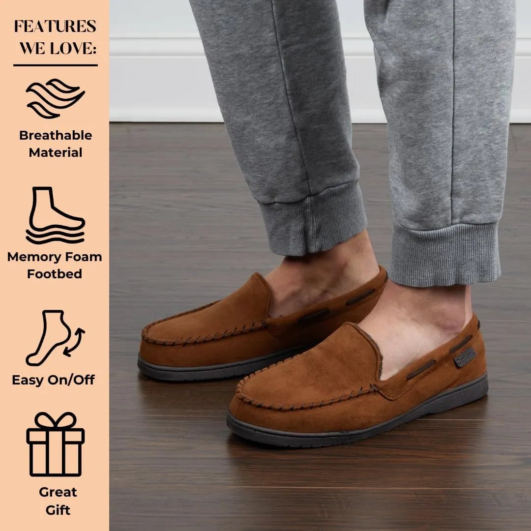 Dearfoams Men's Breathable Memory Foam Indoor Outdoor Keaton Moccasin Slipper with Wide Widths
