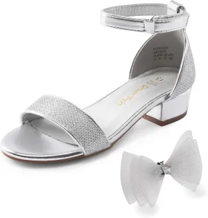 DREAM PAIRS Girls Sandals Low Heel Dress Pump Ankle Strap Interchangeable Bow Flower Wedding Party Shoes for Little Kid/Big Kid
