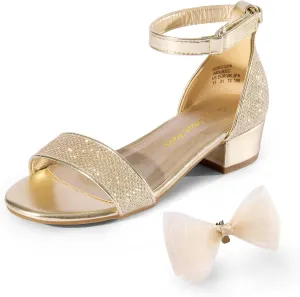 DREAM PAIRS Girls Sandals Low Heel Dress Pump Ankle Strap Interchangeable Bow Flower Wedding Party Shoes for Little Kid/Big Kid