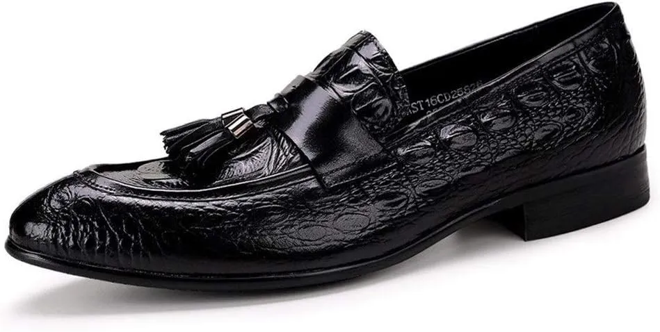Driving Loafer for Men Formal Shoes Slip On StyleGenuine Leather Tasseled Crocodile Texture Pointed Toe Low Top Block Heel Solid Colors