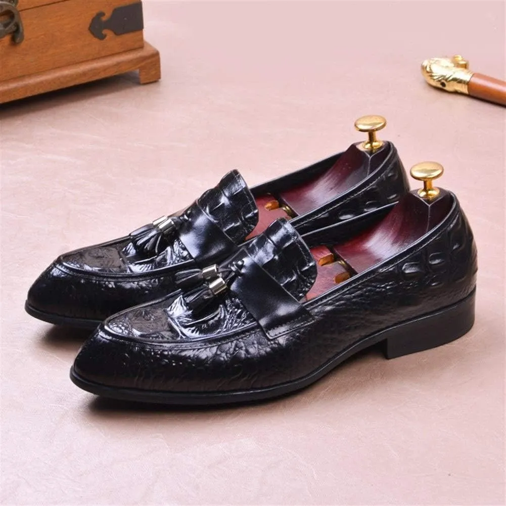 Driving Loafer for Men Formal Shoes Slip On StyleGenuine Leather Tasseled Crocodile Texture Pointed Toe Low Top Block Heel Solid Colors