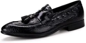 Driving Loafer for Men Formal Shoes Slip On StyleGenuine Leather Tasseled Crocodile Texture Pointed Toe Low Top Block Heel Solid Colors