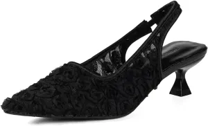 Elegant Lace Kitten Heels for Women - Black Slingback Pointed Toe Floral Mesh Dress Shoes - Low Heel Formal Wedding Guest Party Sandals