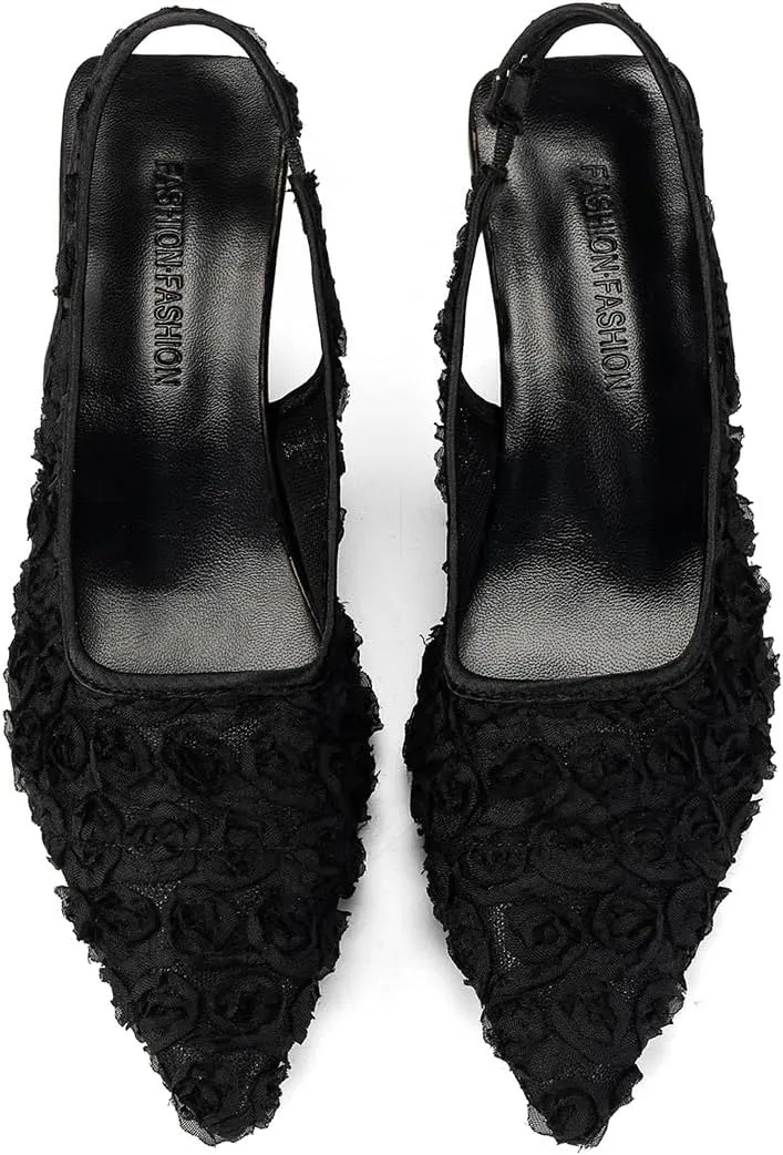 Elegant Lace Kitten Heels for Women - Black Slingback Pointed Toe Floral Mesh Dress Shoes - Low Heel Formal Wedding Guest Party Sandals