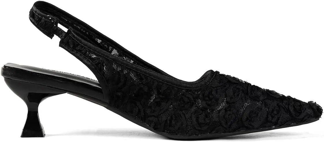 Elegant Lace Kitten Heels for Women - Black Slingback Pointed Toe Floral Mesh Dress Shoes - Low Heel Formal Wedding Guest Party Sandals
