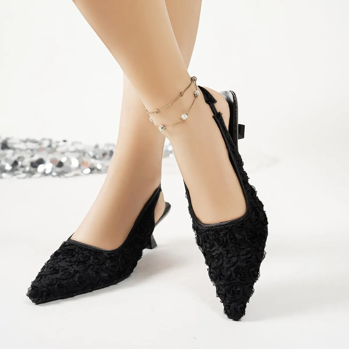 Elegant Lace Kitten Heels for Women - Black Slingback Pointed Toe Floral Mesh Dress Shoes - Low Heel Formal Wedding Guest Party Sandals