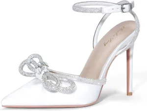 Elisabet Tang Women's High Heel Pumps,Satin Rhinestone Bowknot Lace Up Sandals Pointed Toe Ankle Buckle Straps Pump Stiletto Sandals