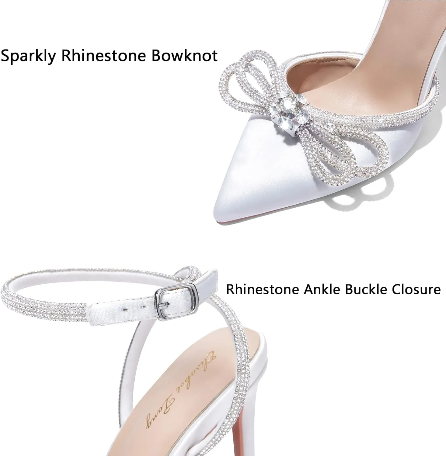 Elisabet Tang Women's High Heel Pumps,Satin Rhinestone Bowknot Lace Up Sandals Pointed Toe Ankle Buckle Straps Pump Stiletto Sandals
